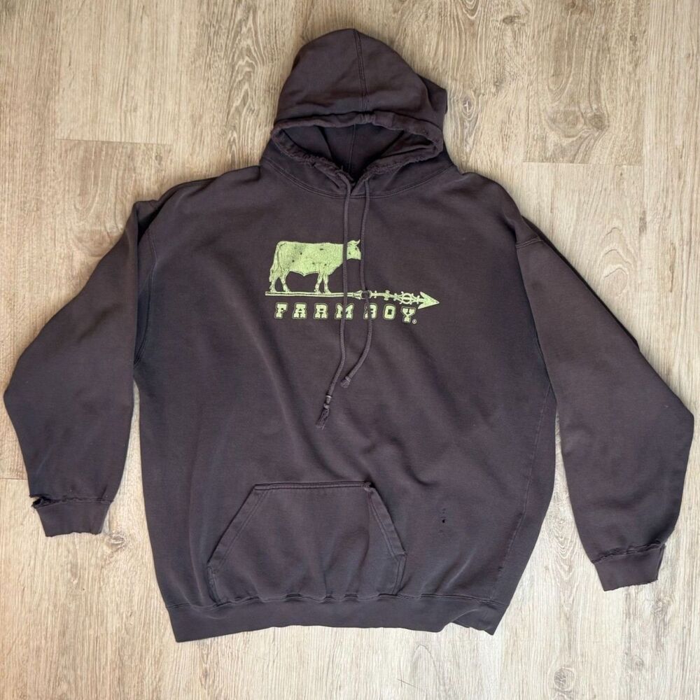 Distresed Farm Boy Graphic Hoodie Cow Logo Brown Size XXL Vintage Pullover
